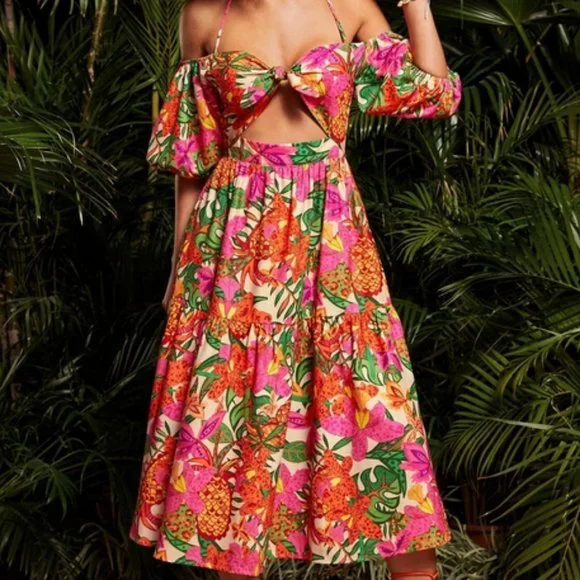 tie neck off shoulder puff sleeve cutout tropical print dress vacay summer cute - Picture 4 of 7